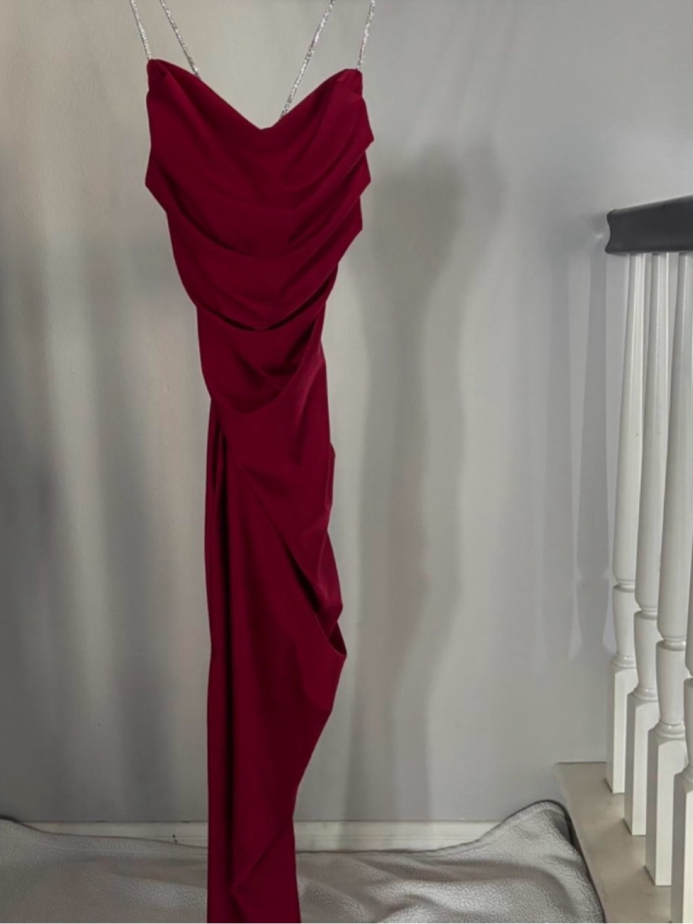 Elegant Draped Burgundy Evening Dress with bedazzled Straps